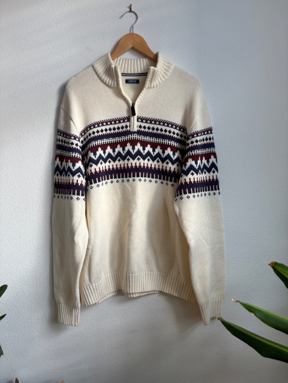 IZOD Large Cream Fair Isle Quarter Zip Sweater Cotton Blend